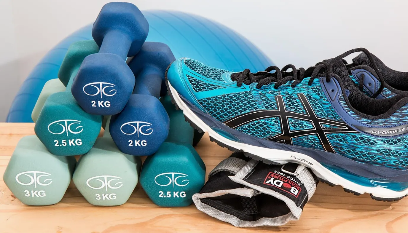 Dumbbells, shoes and sneakers