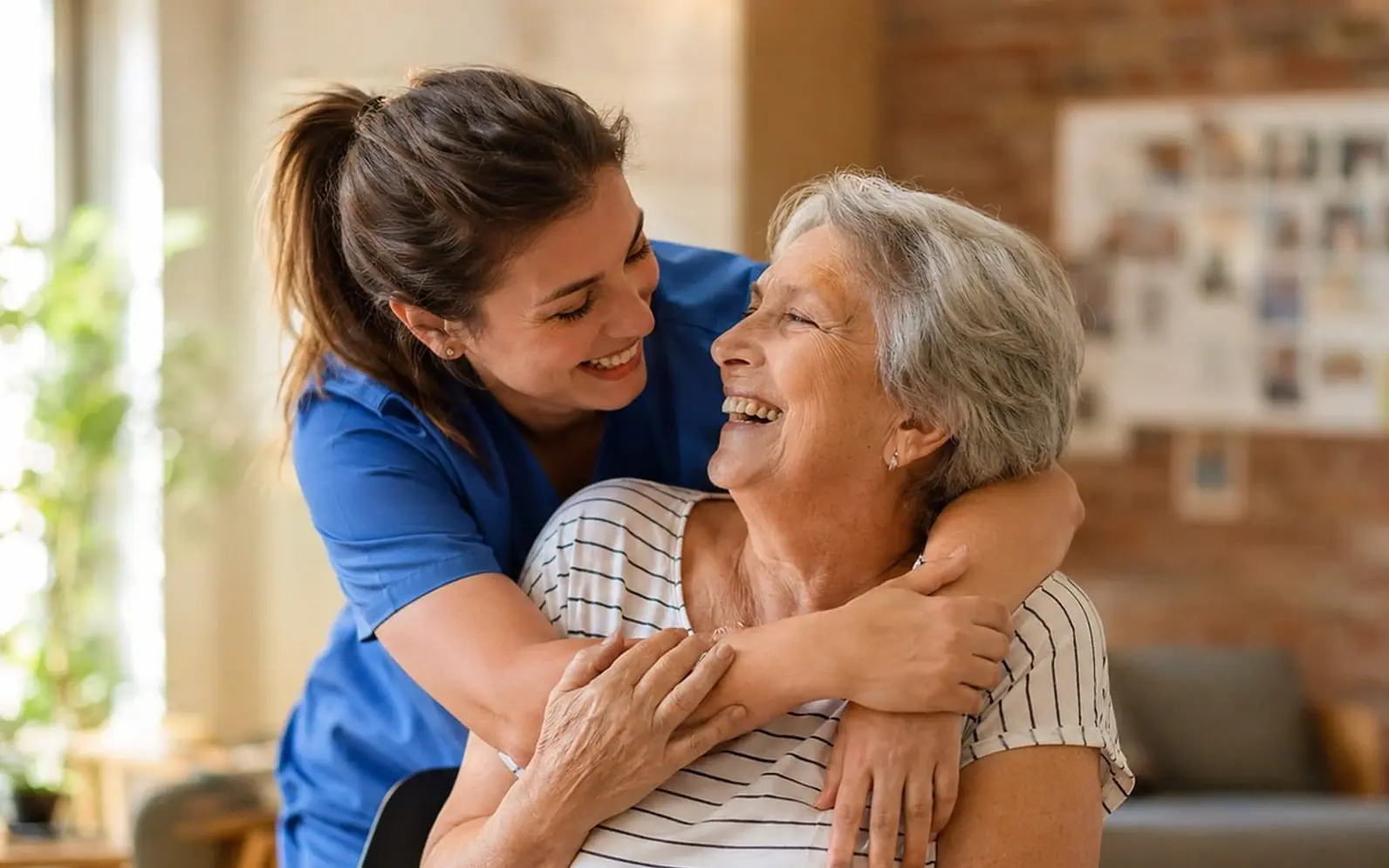 Elderly care, happy senior and caregiver